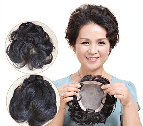 LXUE Fluffy Natural Wavy Human Hair Topper for Women with Thinning Hair, 4.7" x 5" Free Part Mono Hair Toppers Clip in, Natural Black