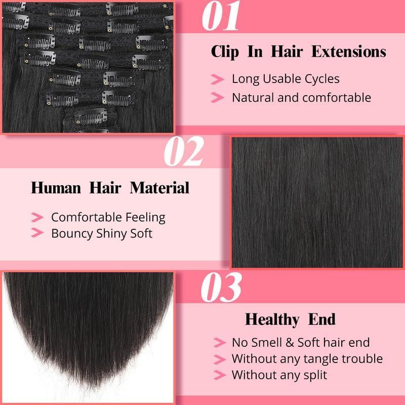 ShowJarlly Clip in Hair Extensions Real Human Hair Clip ins 100% Brazilian Remy Human Hair Extension for Women 8pcs Per Set with 20 Clips Double Weft (14 Inch #1B Natural Black)