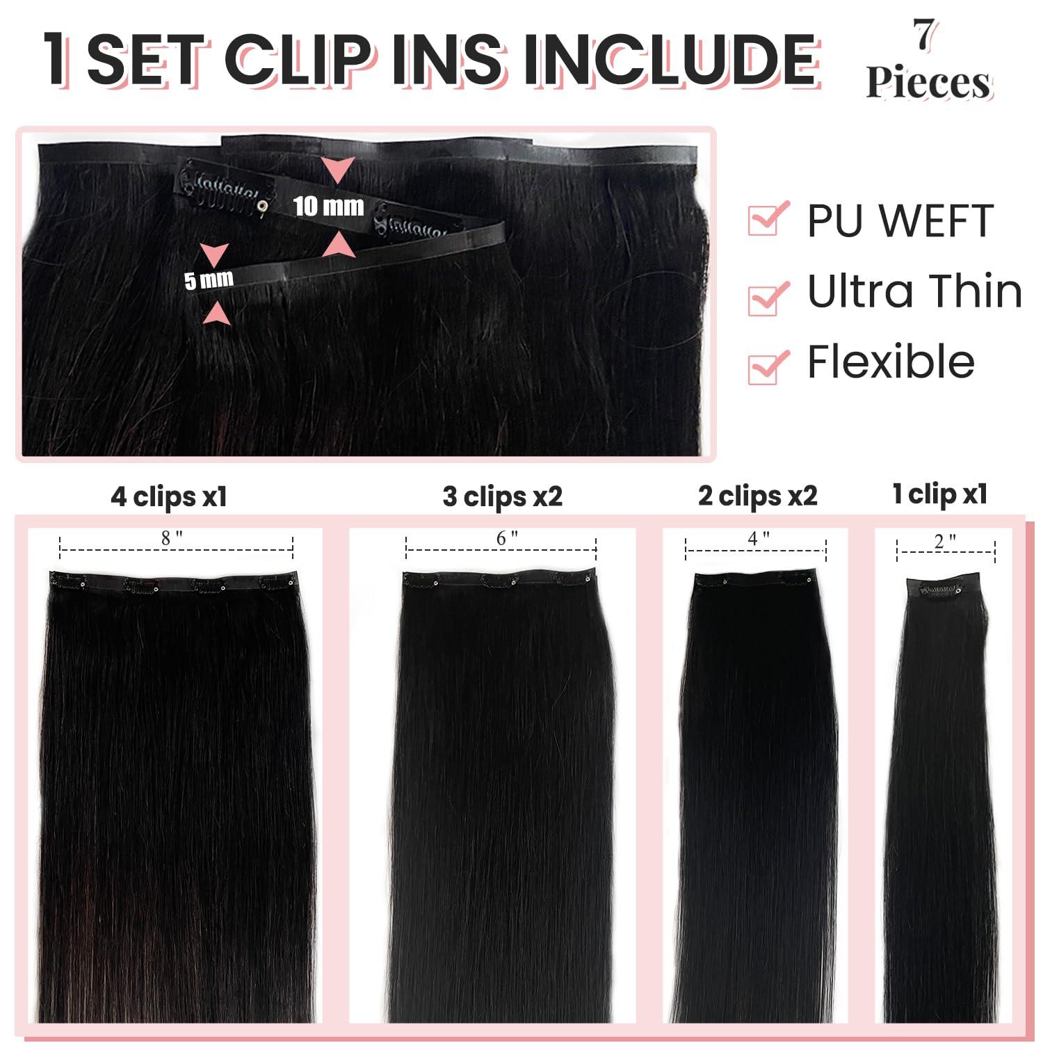 Valiilo Clip in Hair Extensions Black Hair Extensions Real Human Hair 7 Pieces Seamless Clip in Hair Extensions Thick Human Hair 100G Invisible PU Skin Weft Hair Extensions Clip ins 14 Inch