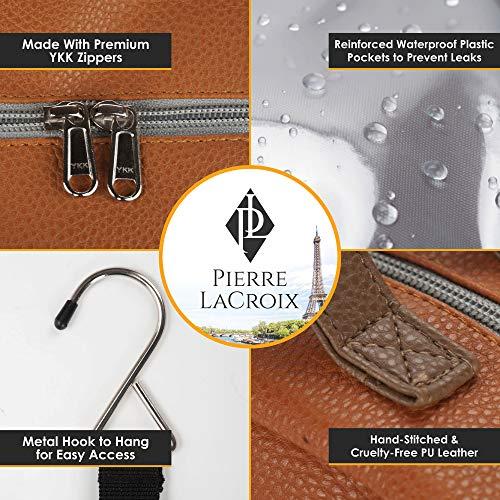 Pierre LaCroix Hanging Travel Toiletry Bag for Women and Men (100% Leak Proof & Doubles as a Cosmetic/Makeup Bag) | Large (34”x11”) | Clear Pockets | Detachable Compartment | Cruelty-Free Leather | (Brown)