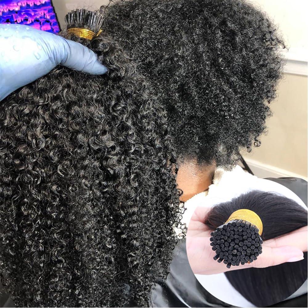 YOUNG BEAUTY Itip Human Hair Extensions for Black Women Kinky Curly Itips Microlinks Hair Extensions 100Strands/Pack Afro Kinky Curly I-Tips Hair Extensions 22inch Natural Black