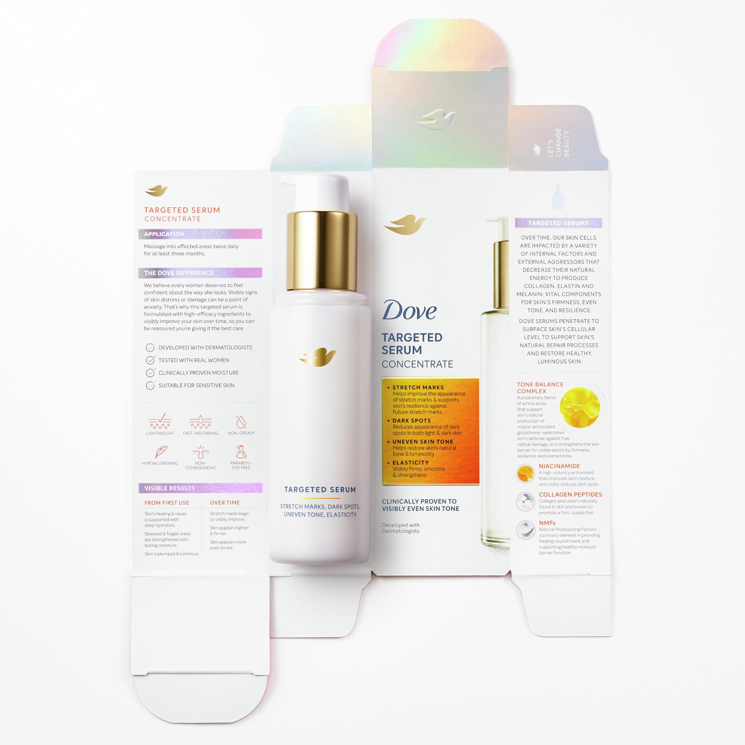 Dove Dove Targeted Serum Multipurpose for Stretch Marks, Dark Spots, Uneven Skin Tone and Elasticity,with Tone Balance Complex, Niacinamide, Collagen Peptides and Natural Moisturizing Factors, 3.2 oz