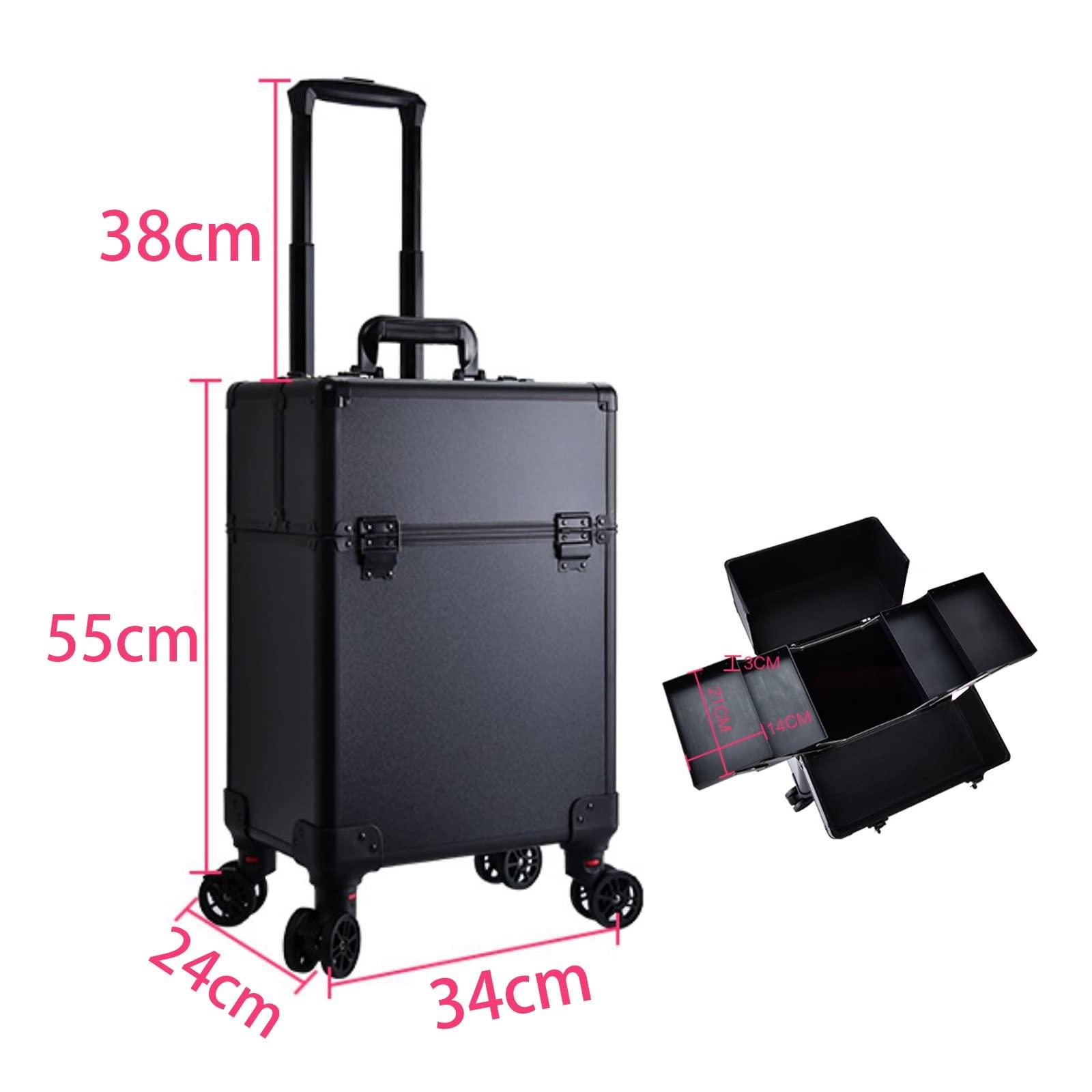 HJXGQJM Large Professional Cosmetic Train Case, Rolling Makeup Train Case With Wheels Cosmetic Travel Train Case With 4 Detachable Wheels,Professional Makeup Luggage On Wheel For Makeup Artist Black cosmetic