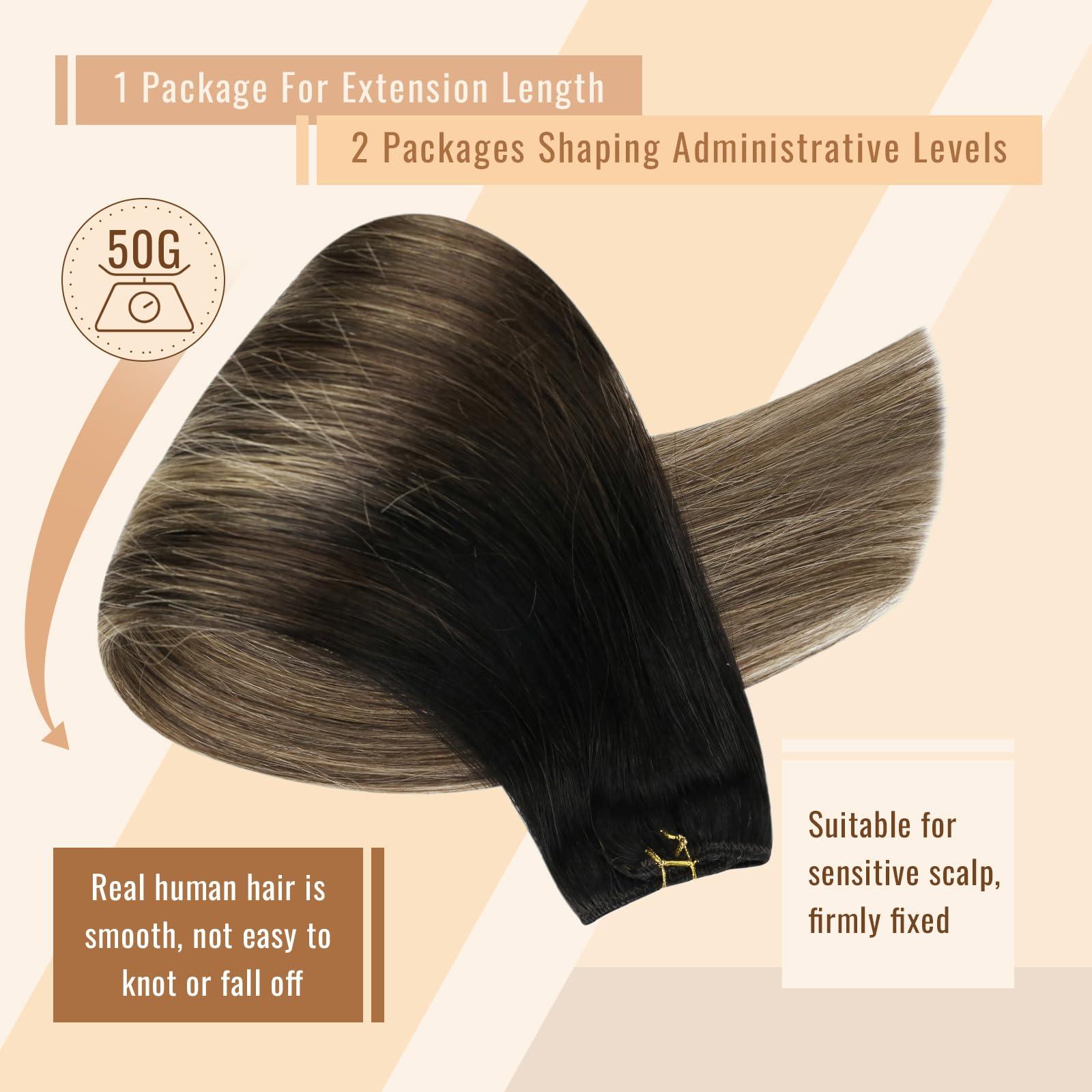 Sunny Hair Sunny Hair Beaded Weft Hair Extensions Human Hair 50G Micro Bead Weft Hair Extensions Real Human Hair Straight Weft Hair Extensions Easy Weft Natural Black to Dark Brown with Caramel Blonde 18inch