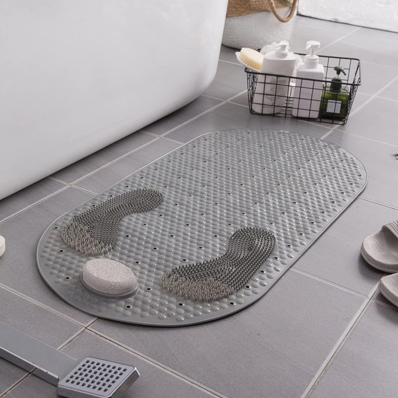 PERZOE PERZOE Foot Scrubber Shower Mat with Pumice Feet Scrub Stone, 32\"X16\" Oval Bathtub Mat with Antislip Suction Cups and Drain Holes for Feet Massage & Exfoliating Grey