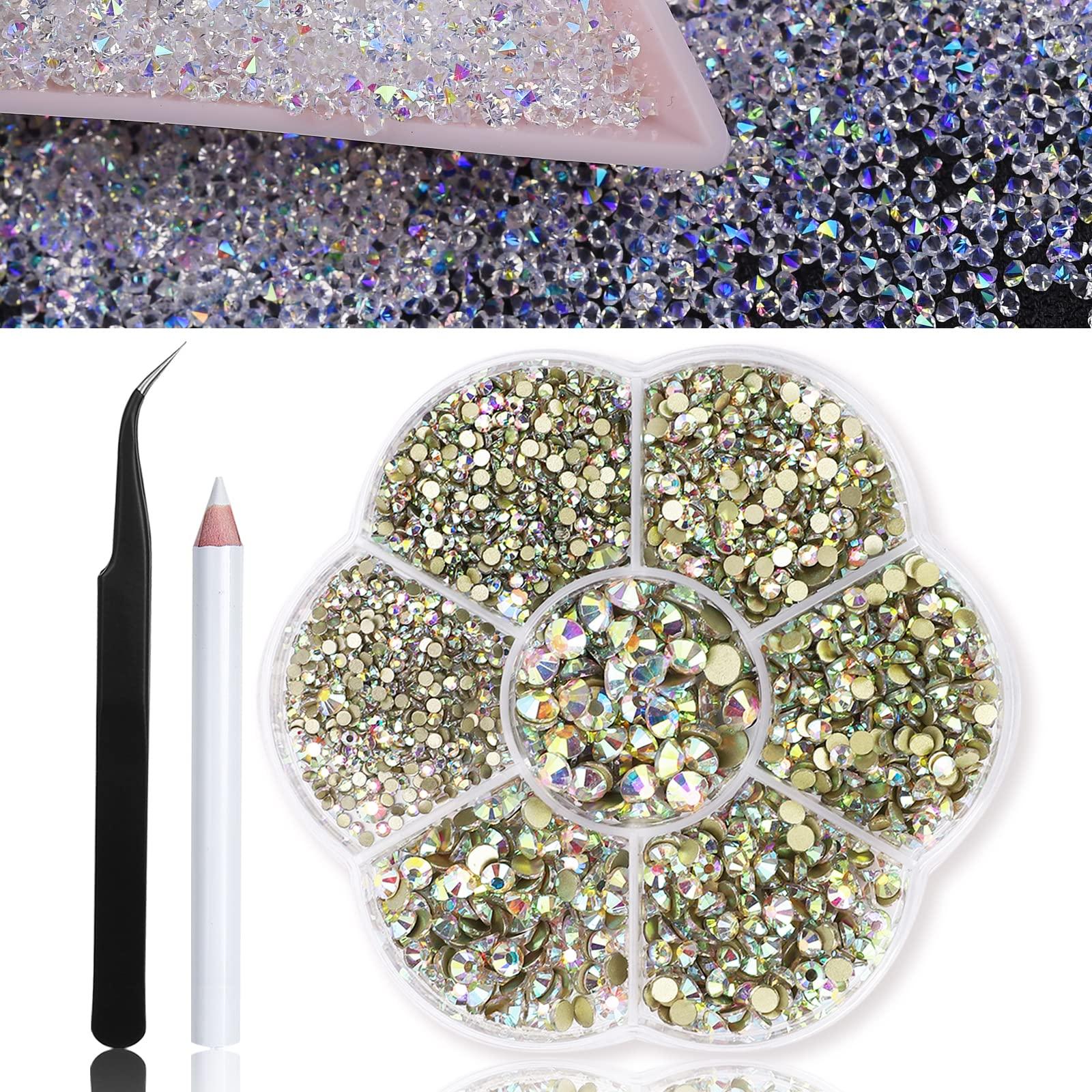 HINABTRU 8000Pcs Ultra Mini 1.2Mm Nail Rhinestones Iridescent Ab Pixie Crystals for Nails+3150Pcs ss4-ss20 ab Diamond Nails Stone Rhinestones for Crafts with Wax Pencil and Tweezers, HINABTRU