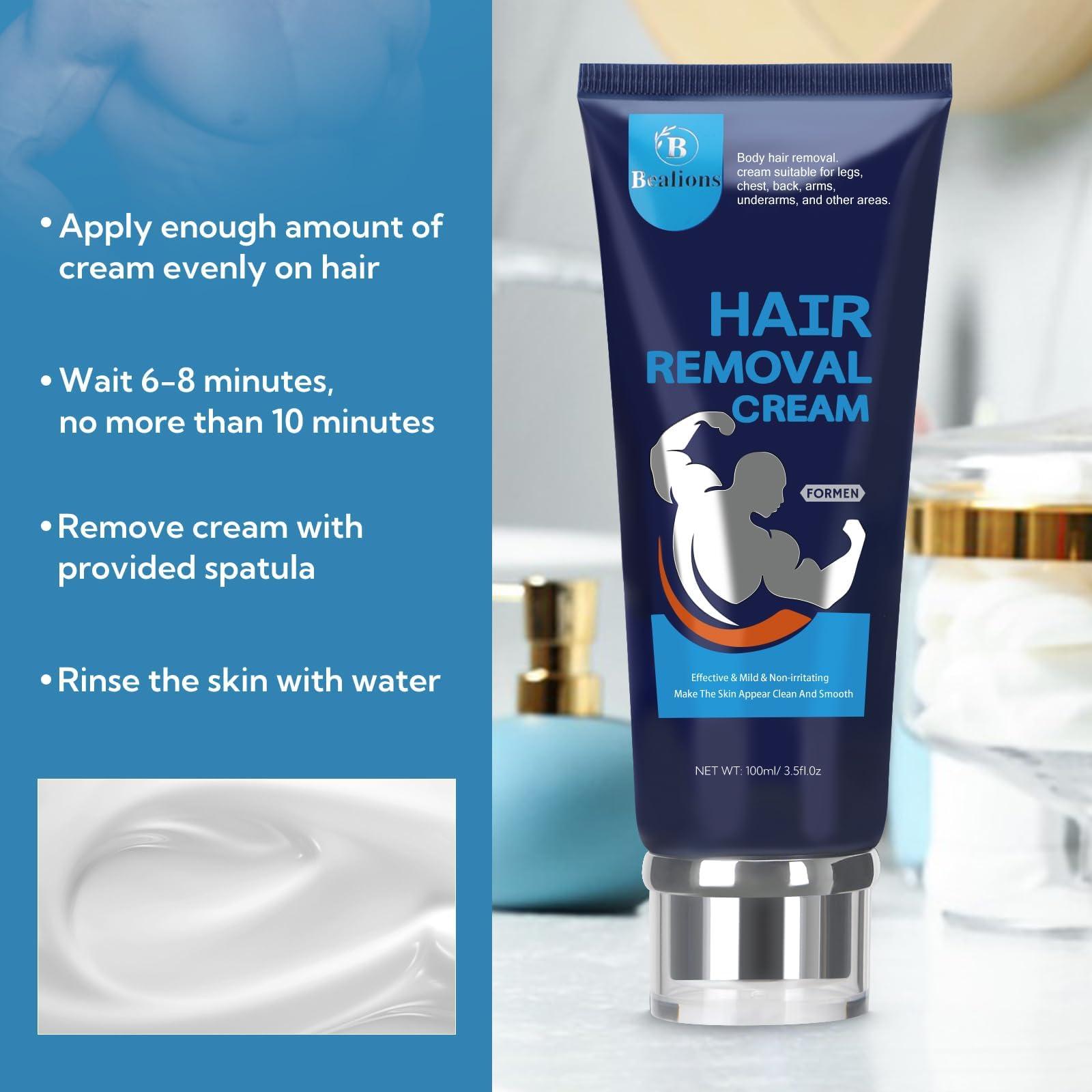 Bealions Gentle Hair Removal Cream for Men: No Irritation to Skin - Intimate/Private Areas Effective Hair Removal - Body Depilatory Cream to Remove Unwanted Hair 80ml