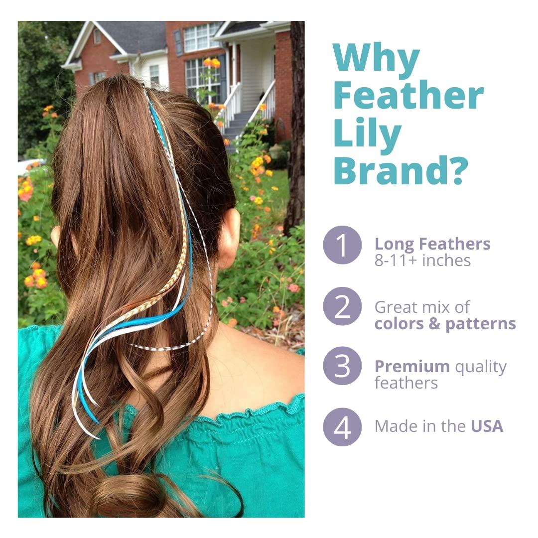 Feather Lily Hair Feathers Extensions Kit, Long Real Rooster Feathers for Hair with DIY Microlink Beads and Loop Tool, Western Turquoise Blue and Brown Naturals