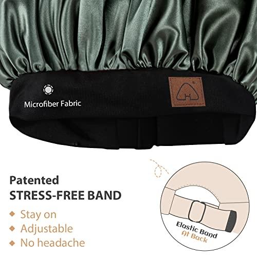 Hat Hut HAT HUT Satin Silk Bonnet for Curly Hair Sleep Cap for Women Sleeping Adjustable Hair Bonnet with Pattern Double Layer (OLIVE GREEN)