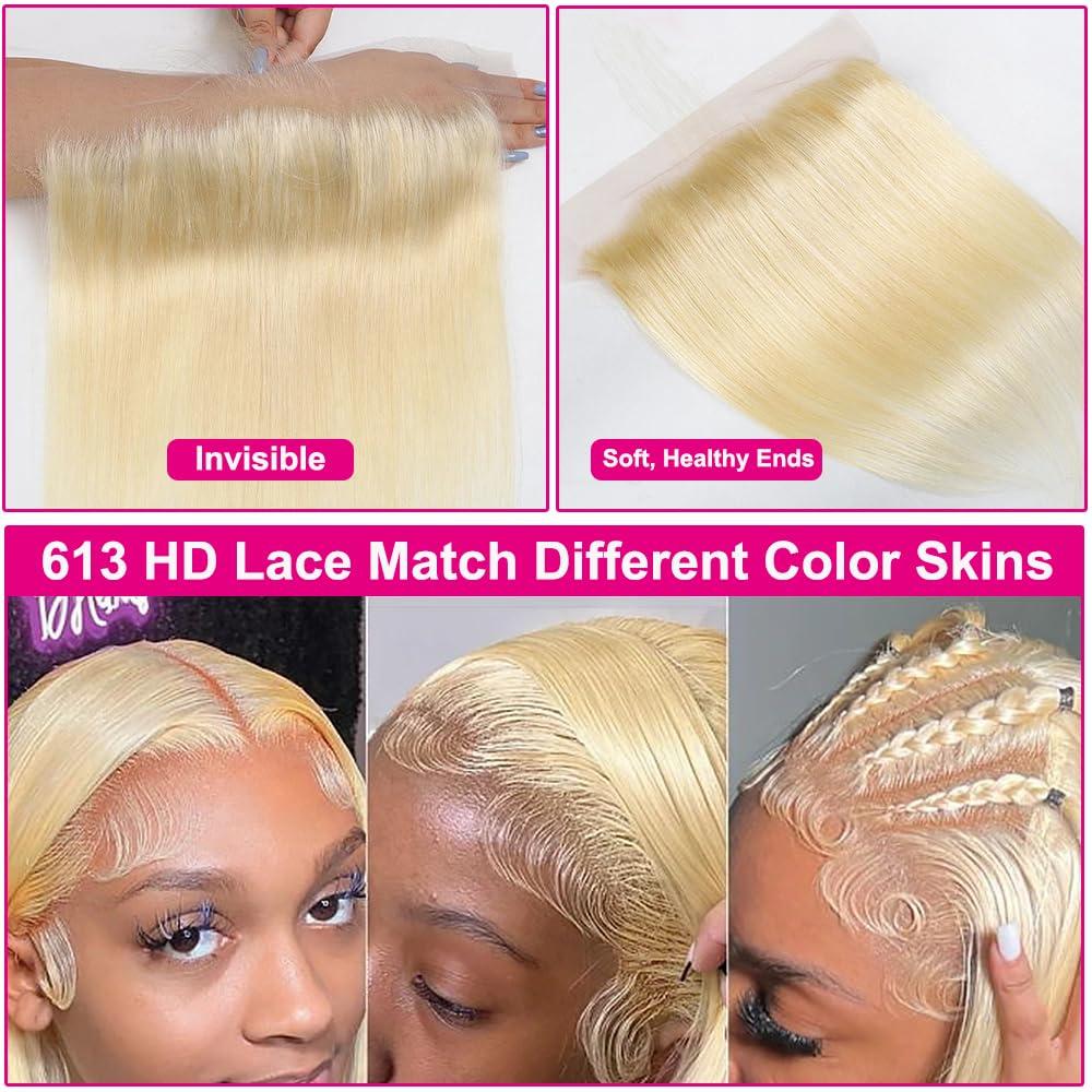 MSTOXIC 613 Frontal Straight 13x6 Transparent HD Lace Frontal Closure 12A Brazilian Virgin Remy Hair Free Part Ear to Ear Blonde Frontal Human Hair For Women Pre Plucked With Baby Hair 150% 20 Inch