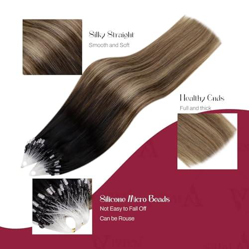Vivien Vivien Micro Loop Hair Extensions Human Hair Ombre Micro Ring Hair Extensions Real Human Hair Natural Black to Brwon with Ash Blonde Micro Bead Human Hair Extensions 14 Inch 50G/50S