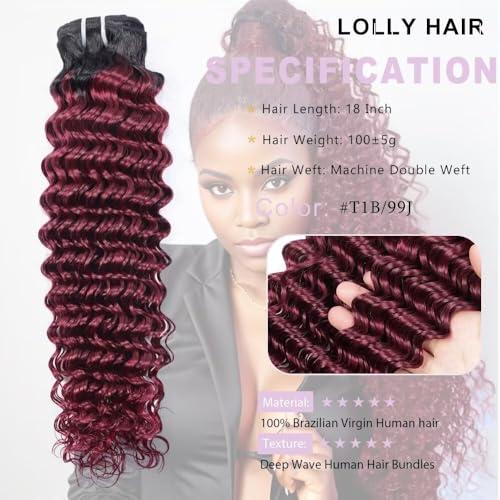 LOLLY HAIR Burgundy Bundles Human Hair 18 Inch T1B/99J Deep Wave Ombre Human Hair Bundles 10A Brazilian Virgin Wet And Wavy Curly Bundles Human Hair Red Water Wave Bundles 2 tone Black to 99J Burgundy