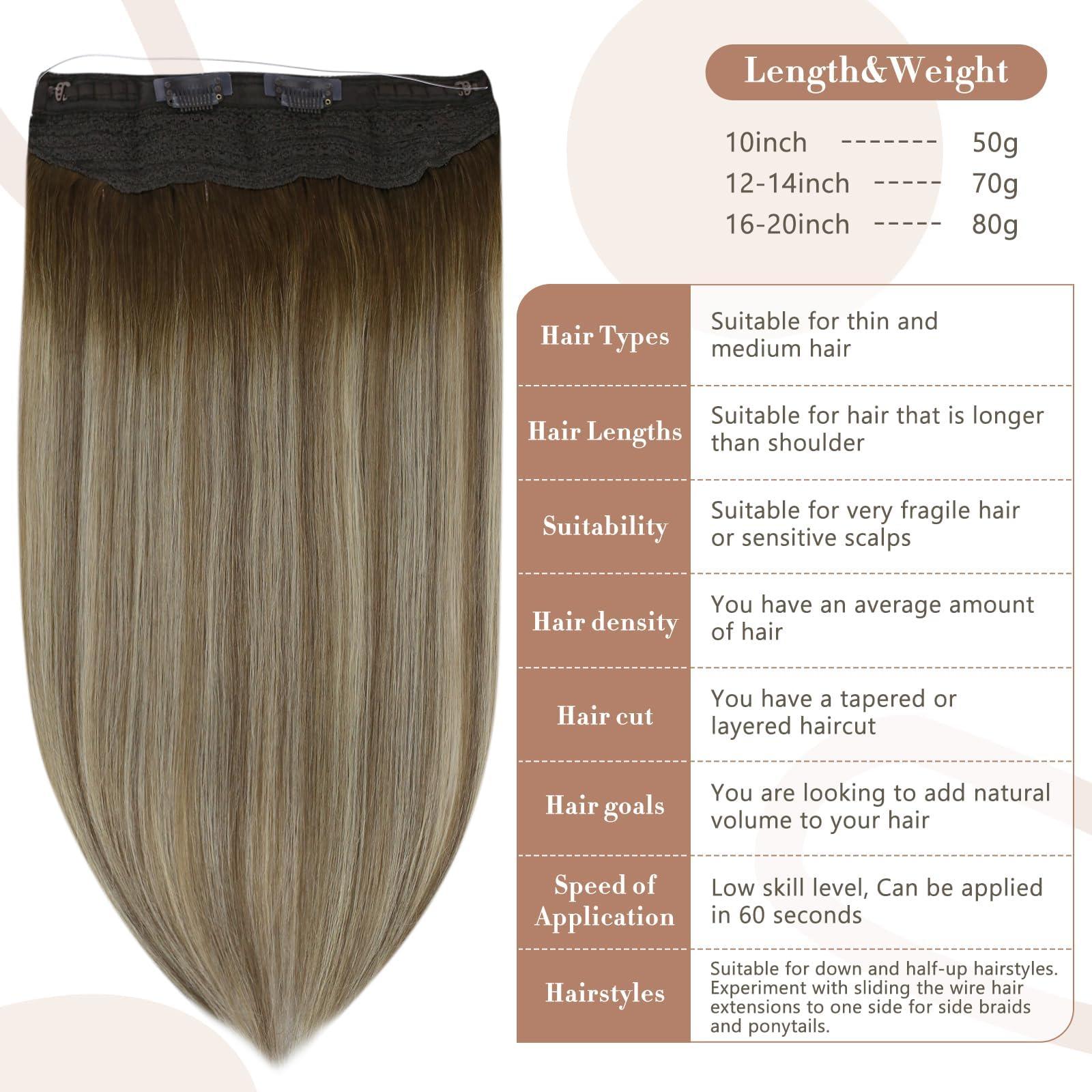 Fshine Fshine Invisible Wire Hair Extensions Real Human Hair 14 Inch Wire Human Hair Extensions Balayage Walnut Brown to Ash Brown and Butter Blonde One Piece Hair Extensions Clip in Human Hair Remy Hair 70g