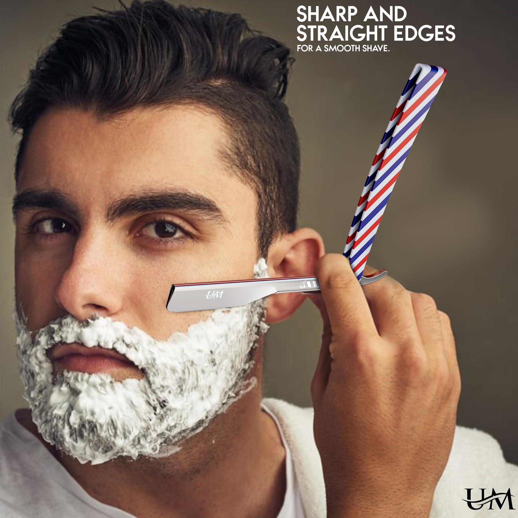 UM Supplies UM Supplies Straight Edge Barber Razor | Professional Men's Straight Shaving Razors kit With 10 Replaceable Blades | Cut Throat Shavette | Barber Pole Red, White, Blue
