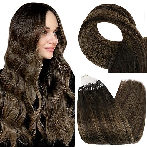 Fshine Fshine Real Micro Ring Balayage Hair Extensions Human Hair 16 Inch 50g Micro Loop Hair Extensions Dark Brown Fading to Color 6 Middle Brown Highlight with Dark Brown Remy Straight Micro Loop Hair