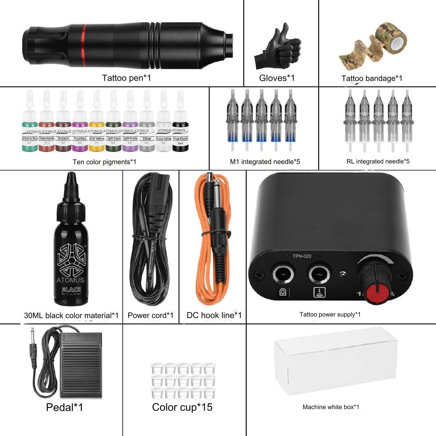 TTOOGO Complete Tattoo Pen Kit for Beginners - Rotary Tattoo Machine with Needles, Power Supply, Foot Pedal, and Pigments for Lining and Shading,Gold