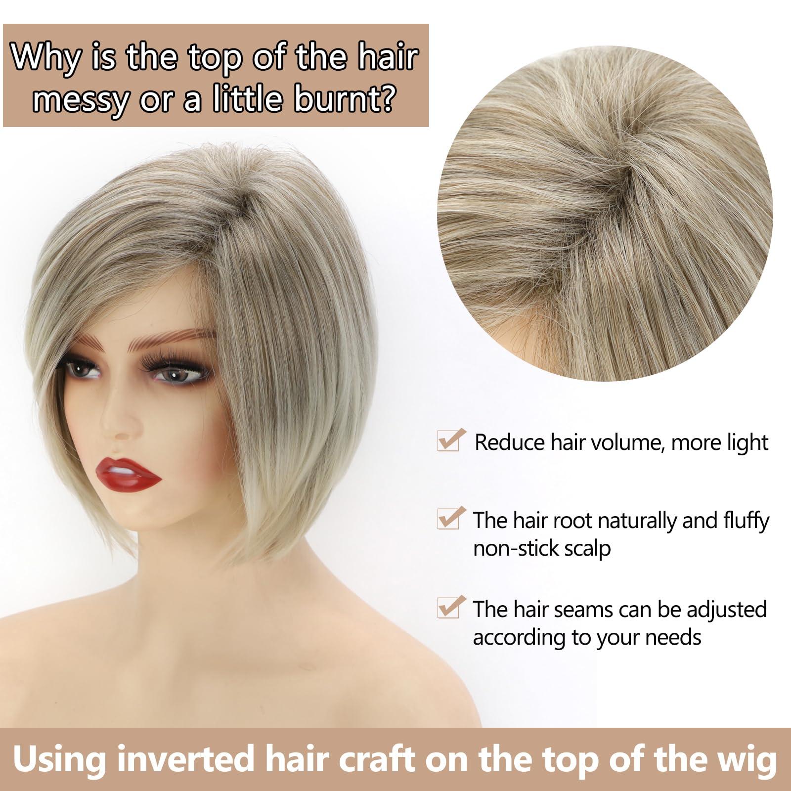 TISHINING TISHINING Layered Short Blonde Bob Wigs for White Women Chin Length Ash Blonde Side Part Pixie Bob Wig Straight Hair Synthetic Natural Looking Daily Party Wig Inverted Bob Wig