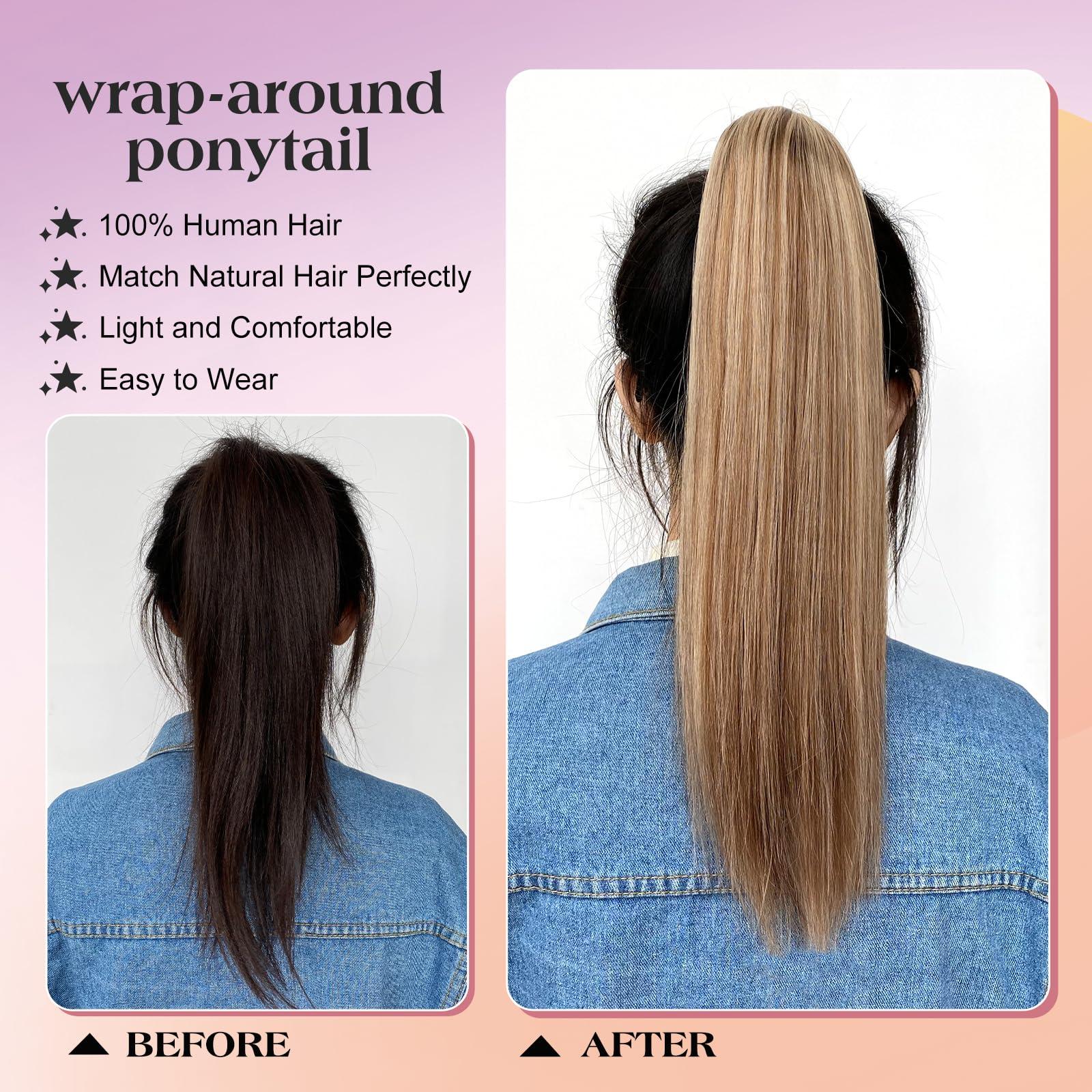 royaomis royaomis Ponytail Extension Human Hair Extension - Velcro Wrap Around Long Straight Real Hair Pony Tail Extensions with Magic Paste