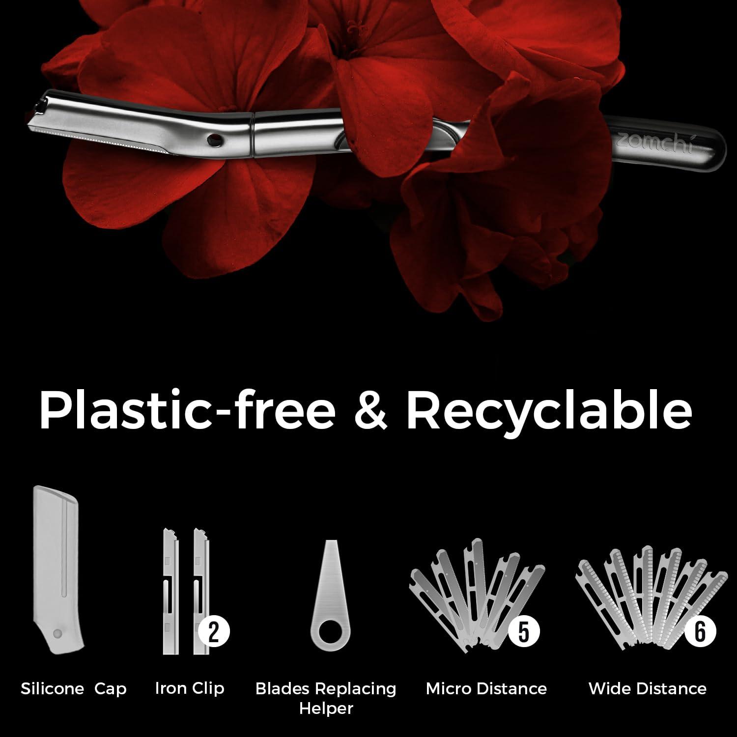 ZOMCHI ZOMCHI Eyebrow Razor and Face Razor for Women and Men, Reusable Metal Handle with 11 Refill Blades, Dermaplane Razor with Protective Silicone Cap, Eyebrow Hair Trimmer - Polished Silver