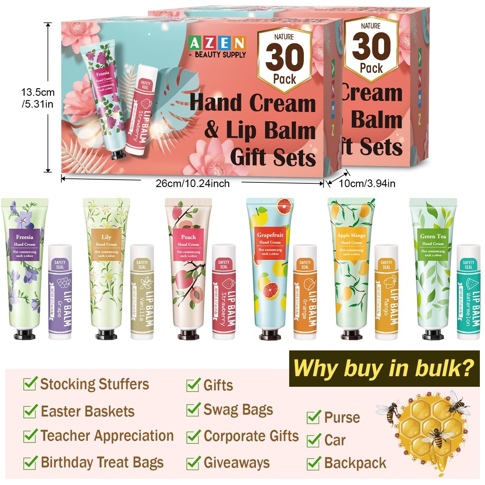 AZEN AZEN 60 Sets Hand Cream Bulk and Lip Balm Bulk Set, Bridal Shower Gifts for Guests with Organza Bag Thank You Card, Thank You Gifts for Coworkers Women Men, Bridal Wedding Favors for Guests