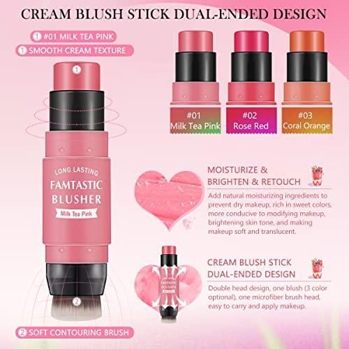 LOKFAR LOKFAR Cream Blush Stick for Cheeks Blush Makeup - 2 in 1 Multi Stick Blush for Cheeks Tint & Eyes & Lips, Cheek Makeup Stick Makeup Blush with Brush, Waterproof Creme Blush (#01 Cherry Pink)