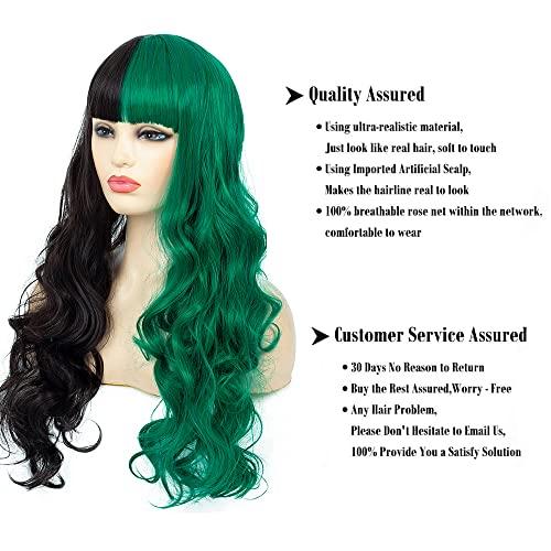 Baruisi Baruisi Half Black Half Green Wig Long Curly Wavy Black Green Synthetic Heat Resistant Costume Cosplay Bangs Wig for Women
