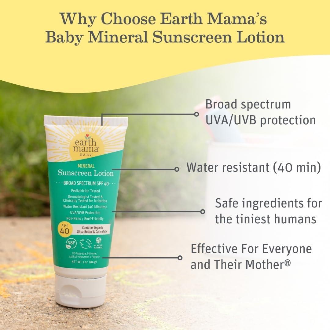 Earth Mama Earth Mama Baby Mineral Sunscreen Lotion SPF 40 | Reef Safe, Non-Nano Zinc, Natural Water Resistant Sun Cream for Babies, Kids & Adults, 3-Ounce (2-Pack)