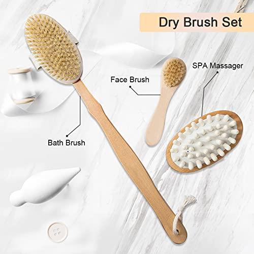 Ptvale Dry Brush for Cellulite and Lymphatic, Dry Brushing Body Brush Set Natural Boar Bristles Exfoliating Back Scrubber with Long Handle Face Brush and Cellulite Massager for Dead Skin Removing 3 PCS