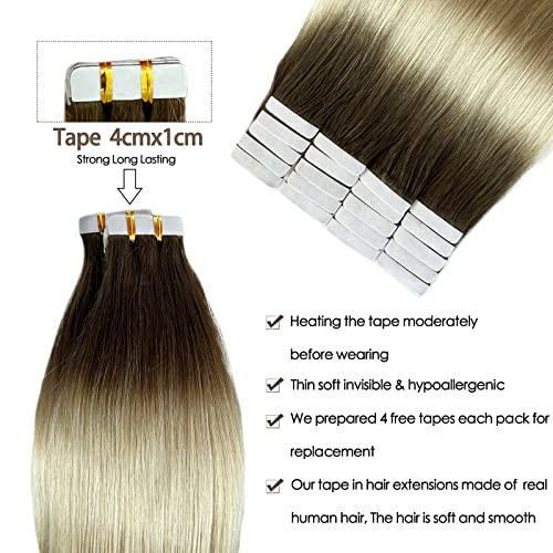 Munx Tape Ins Human Hair Extensions 22inch Omber Flax Brown to Platinum Blonde Silky Straight Brazilian Double Sided Tape in Extensions Human Hair Tape in Extensions