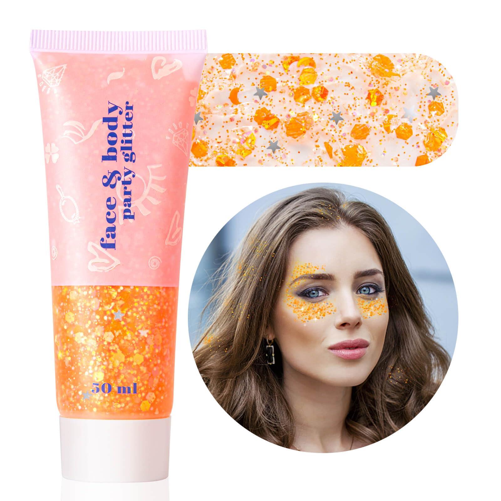 MEICOLY MEICOLY Orange Face Body Glitter,Sparkling Face Glitter Gel,Mermaid Sequins Face Paint Glitter Autumn Makeup,Eye Hair Chunky Festival Rave Accessories Makeup,Party Body Glitter Gel for Women Kids,50ml