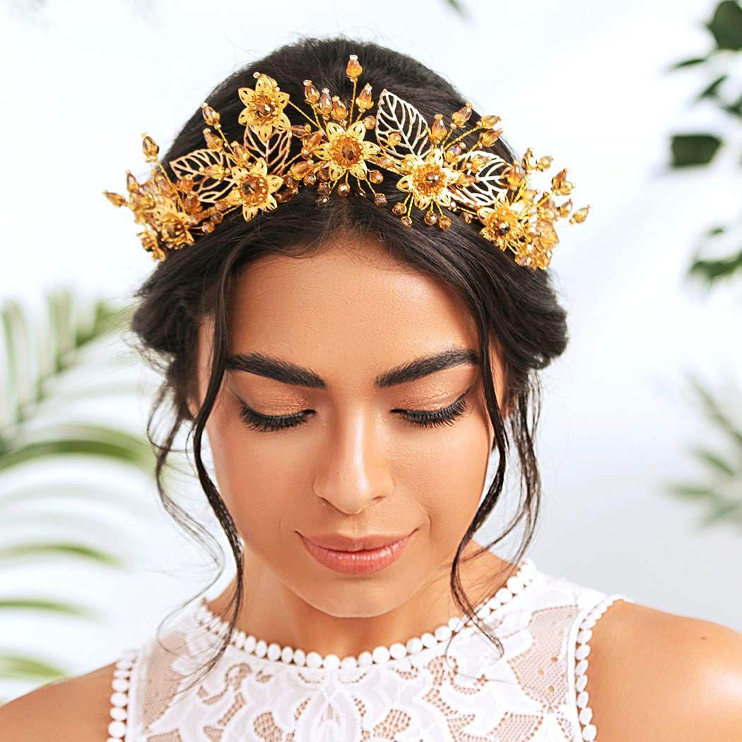 Woeoe Woeoe Crystal Queen Headband Gold Bridal Headpiece Women Headwear with Combs for Bride Wedding Birthday Party
