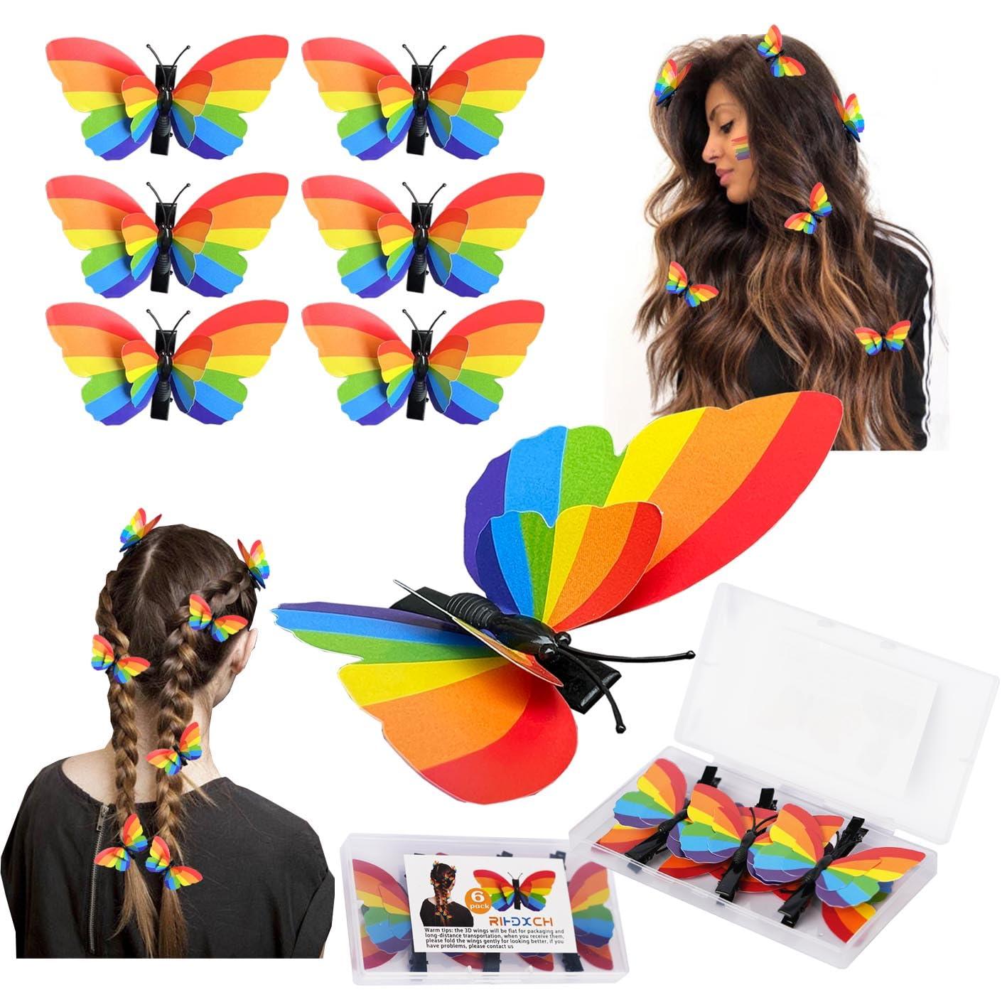RIHDXCH 6 Pieces Gay Pride Day Rainbow Butterfly Hair Clip.Holiday Hair Accessories for Girls Women Wedding Birthday Gifts.LGBT Women Girls Party Parades Celebrations Festival Decorations