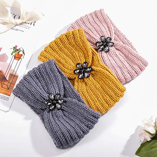 Blufly Blufly Cable Knitted Applique Headband Ear Warmer Crystal Flower Acrylic Fibres Hair Wraps Criss Cross Hairband Crochet Gatsby Turban Winter Head Wraps Head Warmer for Women and Girls (Pack of 3)