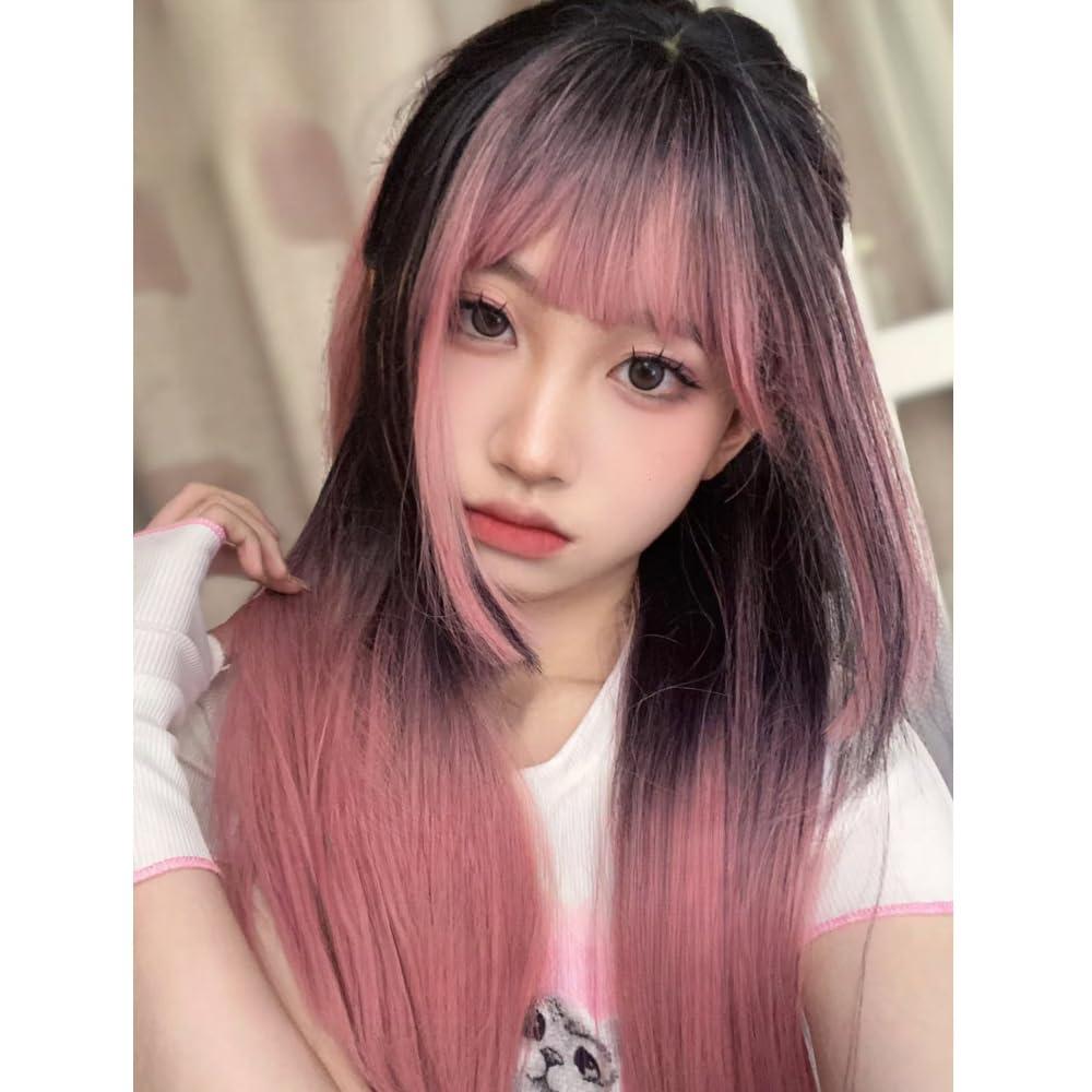 SCORRO SCORRO Hime Cut Split Dye Wig Long Straight Wig with Highlight Bangs, Black Gradient Red Wig, Pink and Black, Purple Black, Gothic Style Y2k Party Wig Lolita Daily Wigs (Pink and black)