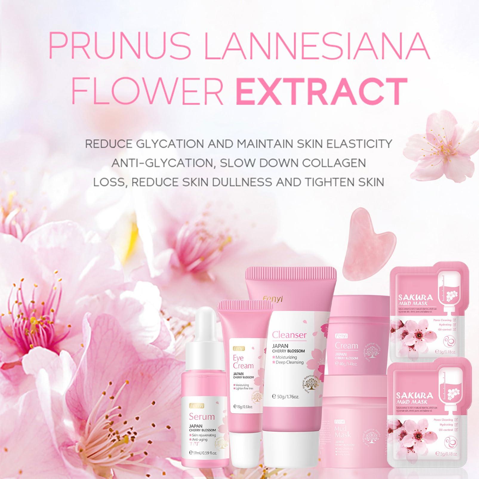 ISHERBIN Skin Care Set with Gua Sha Facial Tools, Cherry Blossom Skincare Gifts for Teenage Girls, Anti Aging Skin Care Routine Kit: Cleanser - Serum - Eye Cream - Cream - Mud Mask Facial Kit, Gifts for Mom