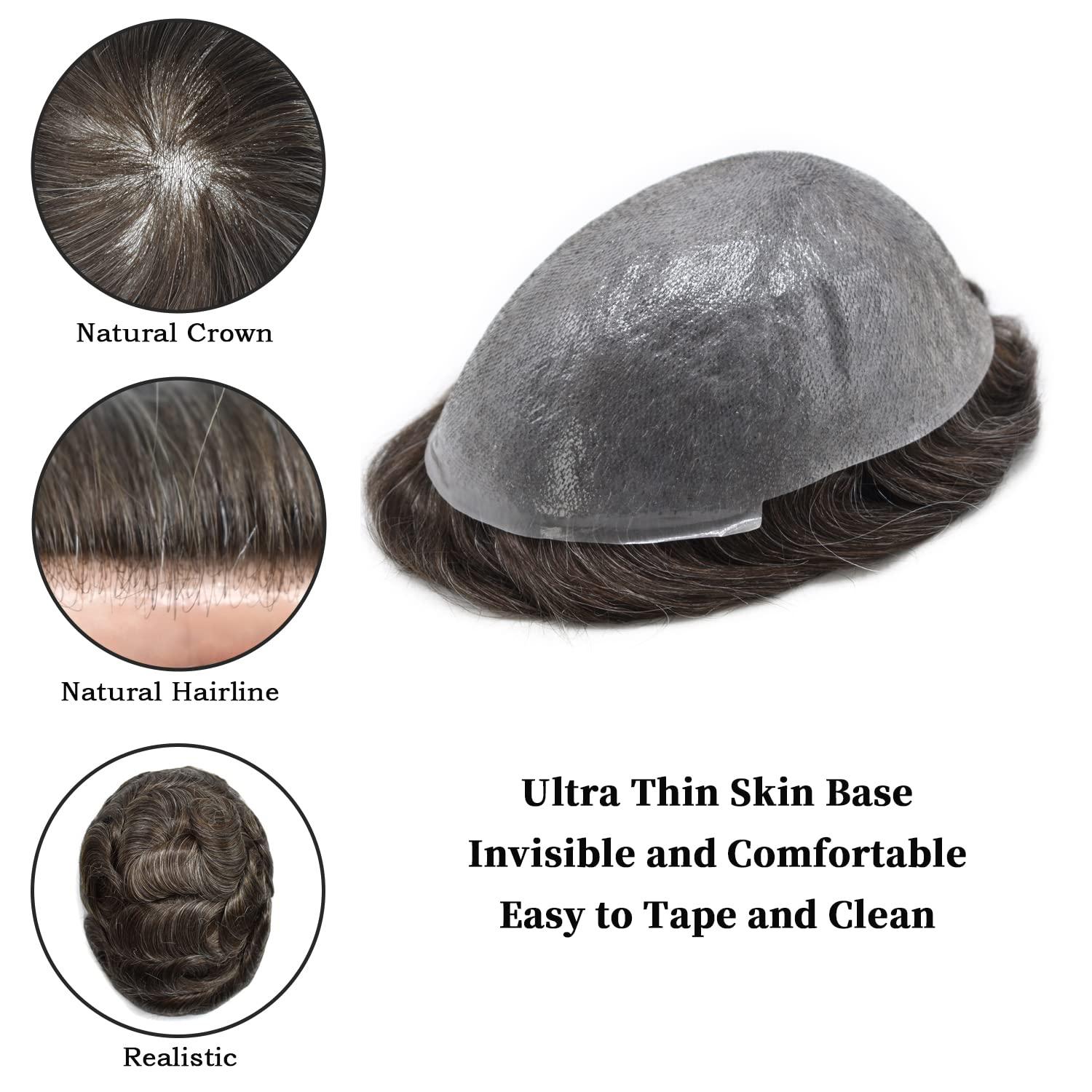 Generic Men\'s Hair Replacement System Human Hairpieces Toupee for Men 0.04-0.06MM Thin Skin PU V-Looped Mens Toupee Men hair Piecce #310 3# DARK BROWN WITH 10% SYNTHETIC GREY