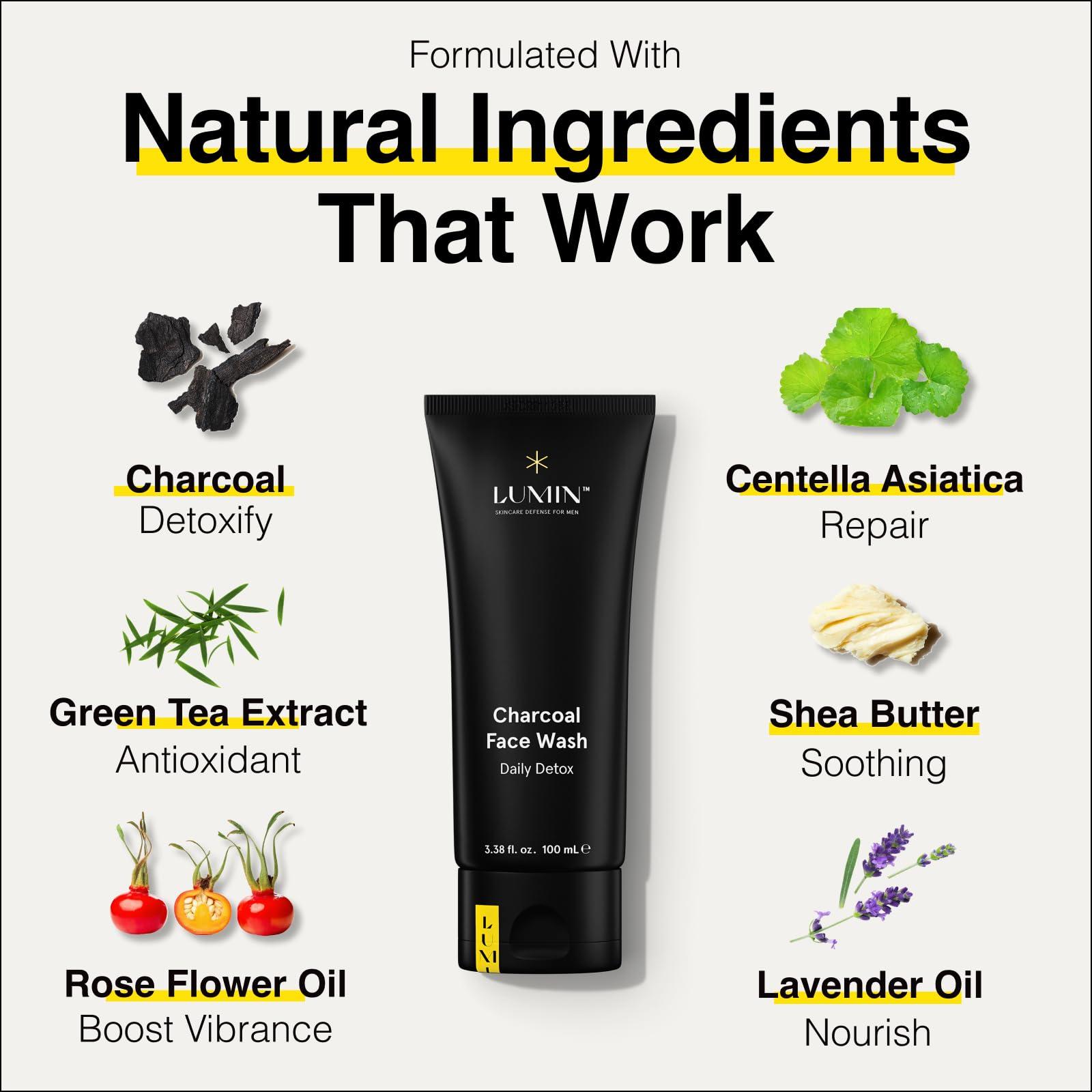 Lumin Lumin Charcoal Face Wash for Men Skincare - Daily Detox, Hydrating Face Cleanser, Removes Impurities, Exfoliates, Unclogs Pores, Controls Oil, Soothes Irritation, All Skin Types, 2 Pack