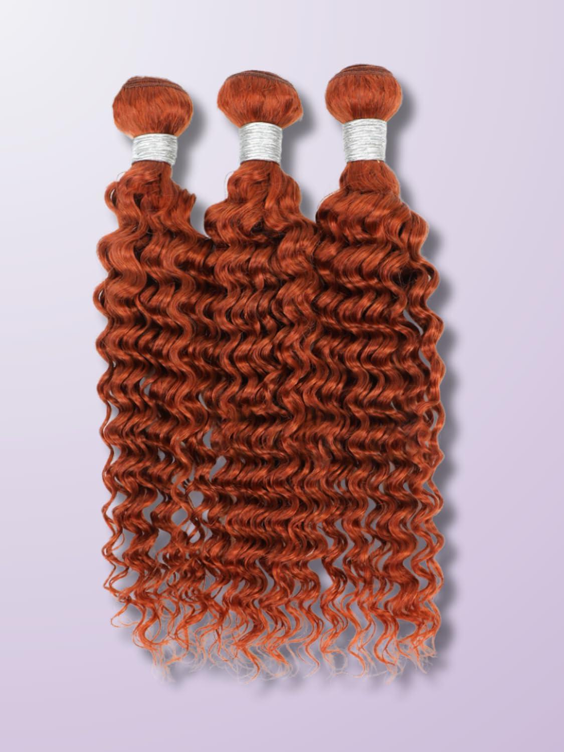 AUROO AUROO Ginger Bundles Human Hair 14 16 18 20 inch, Burnt Orange Deep Wave Human Hair Bundles Curly Ginger Hair 100% Virgin Remy Brazilian Weave Soft Thick 350 Ginger Wavy Bundles Human Hair Sew In