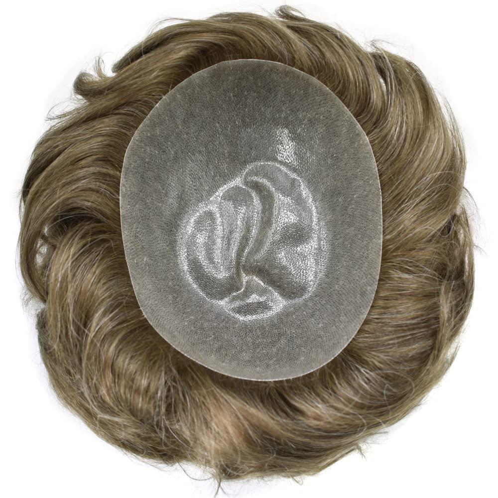 LHC Hair System For Men 0.1MM Full Poly Toupee For Men Human Hair ComfortableWiht durable Mens Hair Pieces Protesis Capilar Para Hombre (8\'\'*10\'\', #740 7# VERY LIGHT BROWN WITH 40% SYNTHETIC GREY -110% light to medium density)