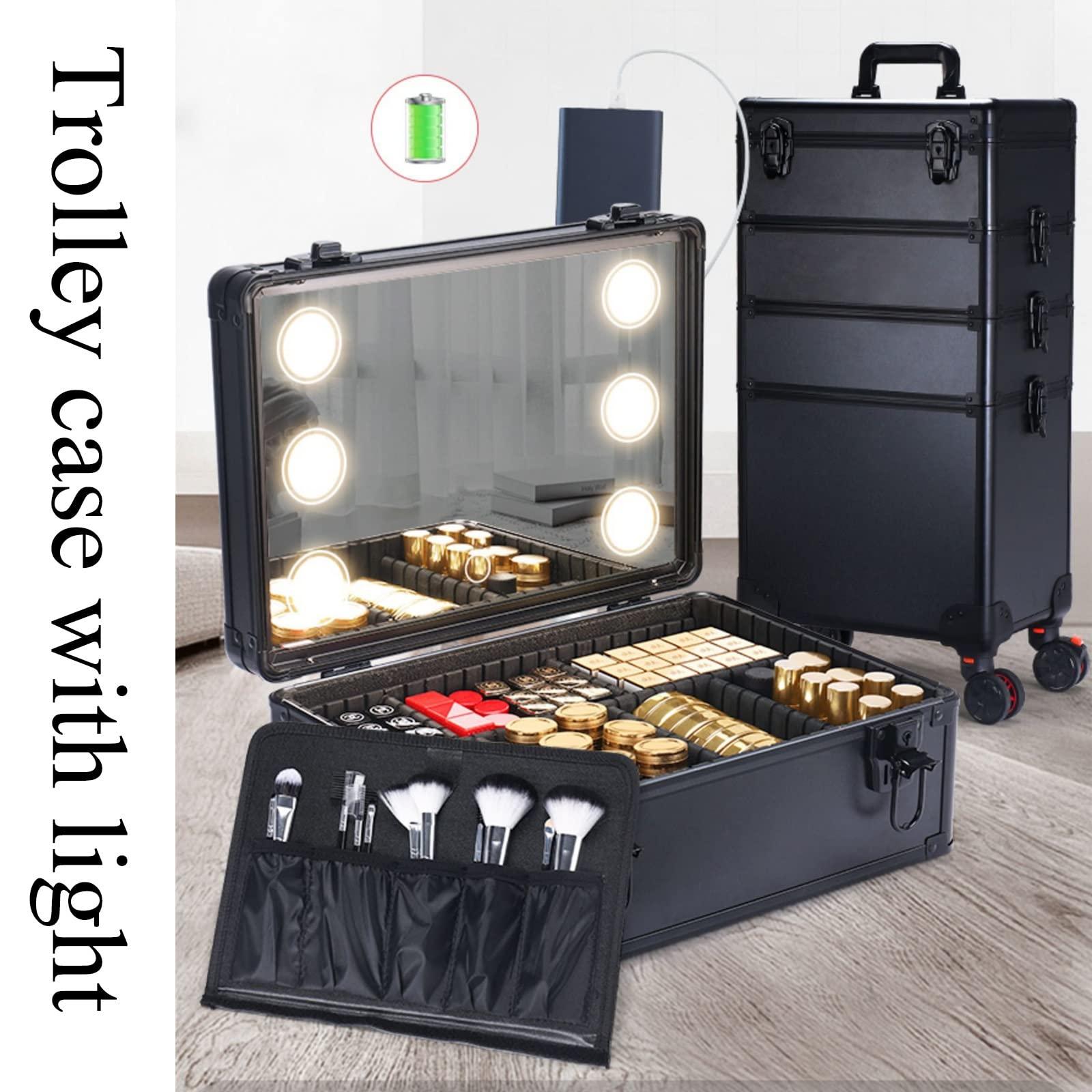 HJXGQJM Rolling Makeup Case Professional Makeup Train Case Makeup Artist Travel Organizer, Three-tone Lighting, Adjustable Divider Design, Makeup Case Professional Makeup Case Omni-Directional Wheels ( Color