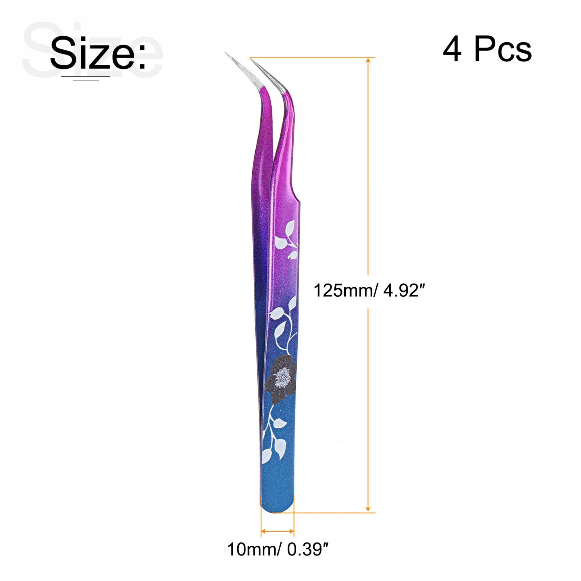 uxcell uxcell Non-magnetic Curved Tip Tweezer Anti-static Stainless Steel Precision Tweezer for Eyelash Extensions Volume Purple Blue with Flower Print 4Pcs