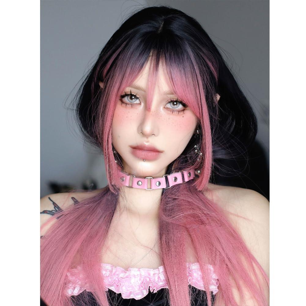 SCORRO SCORRO Hime Cut Split Dye Wig Long Straight Wig with Highlight Bangs, Black Gradient Red Wig, Pink and Black, Purple Black, Gothic Style Y2k Party Wig Lolita Daily Wigs (Pink and black)