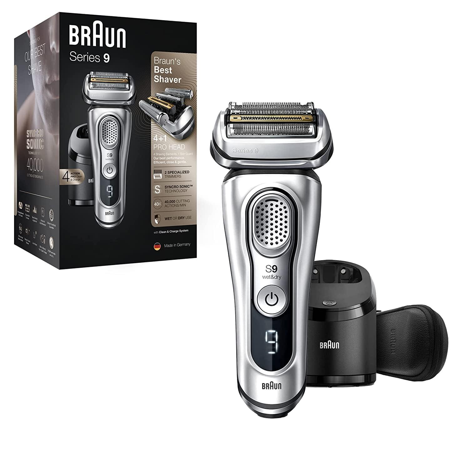 Braun Braun Electric Razor for Men, Waterproof Foil Shaver, Series 9 9390cc, Wet & Dry Shave, With Pop-Up Beard Trimmer for Grooming, Cleaning & Charging SmartCare Center and Leather Travel Case, Silver
