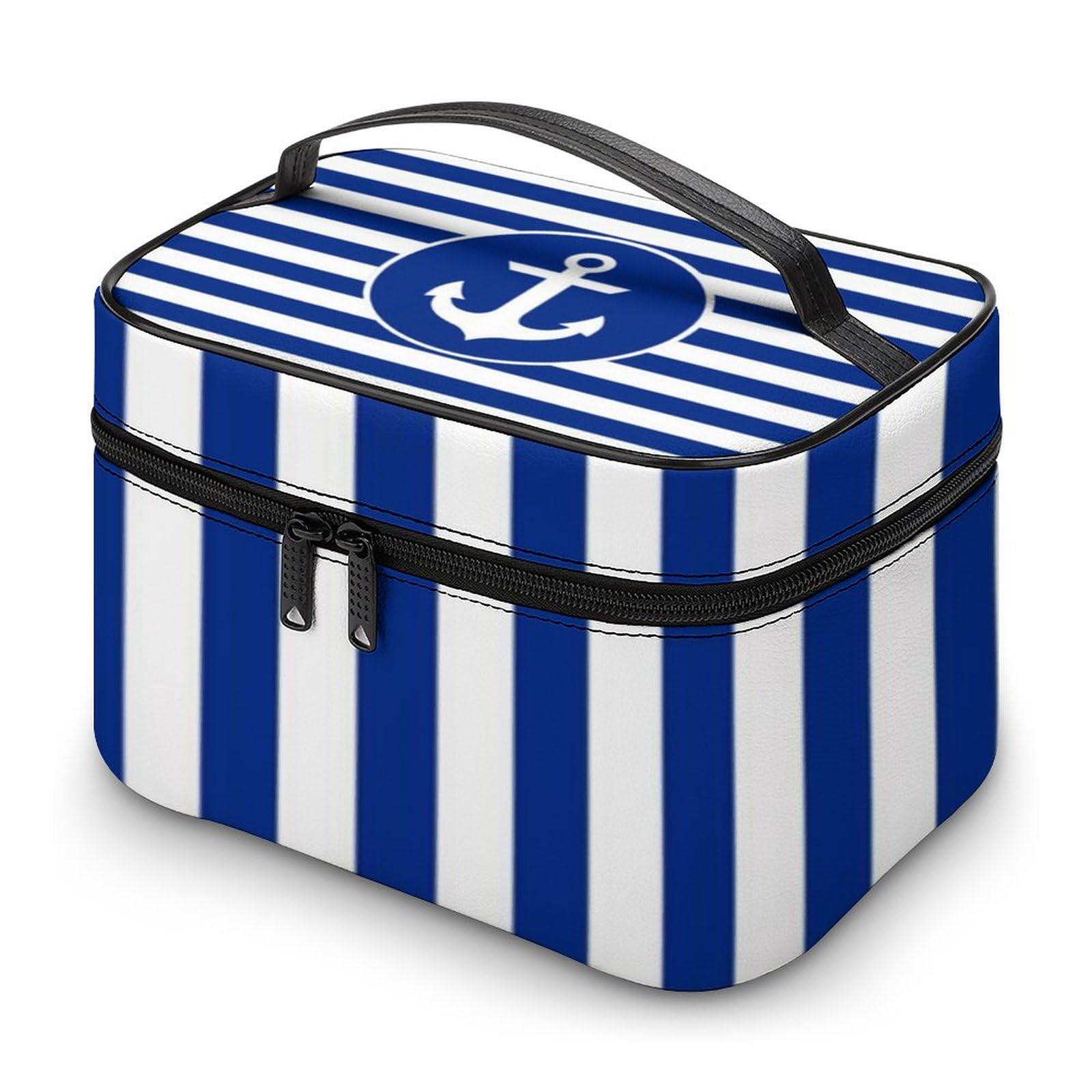 Nosarte Nautical Blue and White Anchor Striped Cosmetic Bag, Travel Portable Makeup Bag for Purse Pouch Beauty Zipper Organizer Toiletry Bag for Women