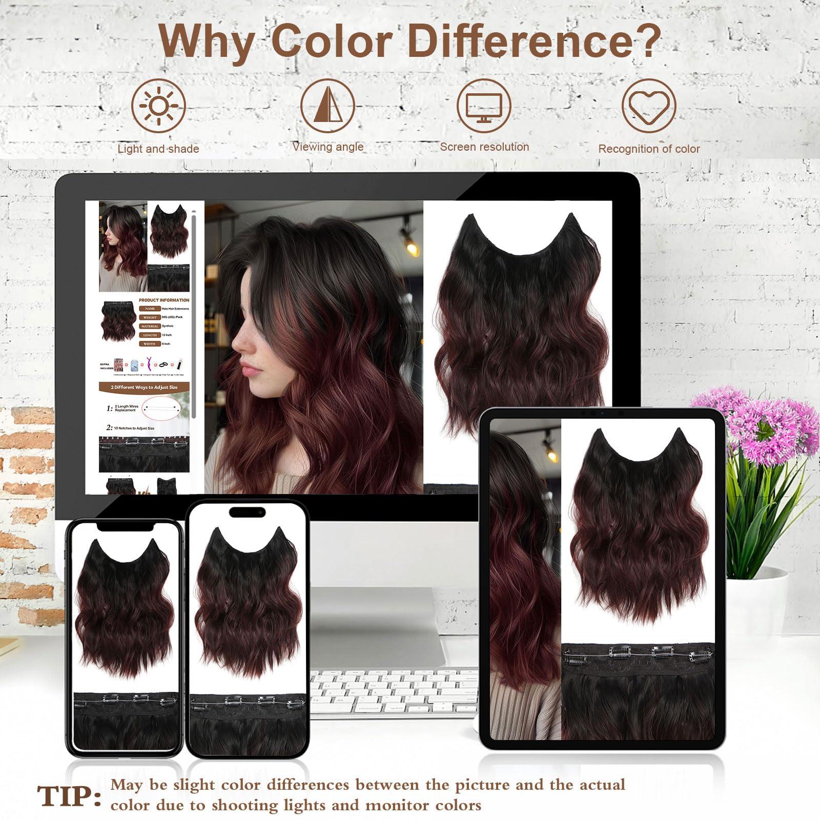 BUPPLER BUPPLER Halo Hair Extensions 12 Inch Invisible Wire Hair Extensions Adjustable Long Wavy Hair Extensions Synthetic Upgrade 4 Secure Clips in Hairpieces 12 Inch, Black to Burgundy