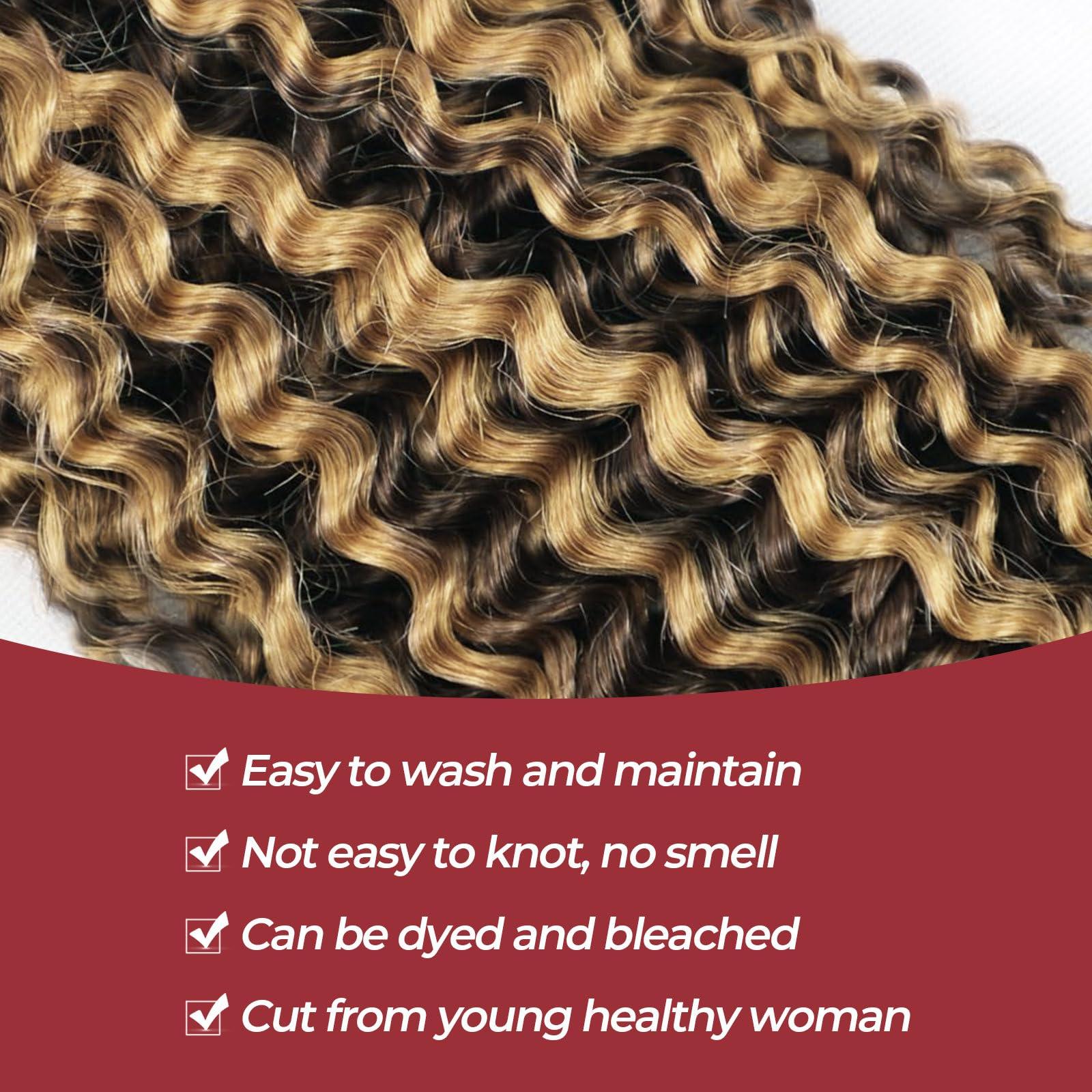 Brbeawor Human Braiding Hair for Boho Braids 4/27 Ombre 18 Inch Curly Human Hair for Boho Braids 2 Bundles 100g Boho Hair for Braiding 100% Deep Wave Bulk Human Hair for Boho Knotless Braids (P4/27, 18 inch)
