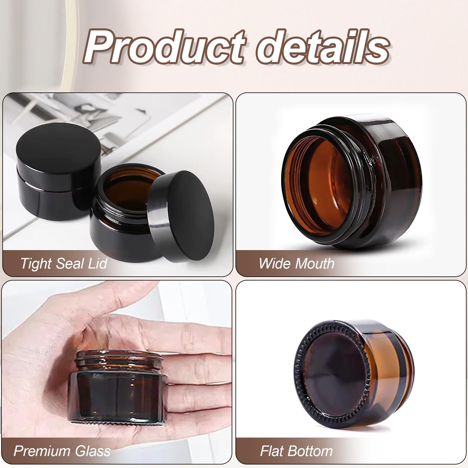 LZEDIRA 6Pack Amber Glass 5 ml 1/6 oz Small Thick Wall Round Jars Vials Pot Cosmetic Bottle Face Cream Containers With Black Lids For Lotion Make Up Nail Salve Ointment Sample Balm