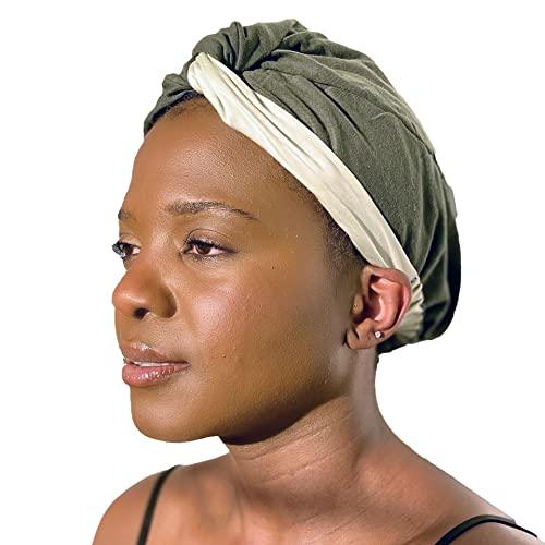 Sustainably Silk Sustainably Silk Sleeping Turban wrap - Vegan Bamboo Silk Inner Sleep Cap for Curly/Frizzy Hair (Olive and Light Green, OS)