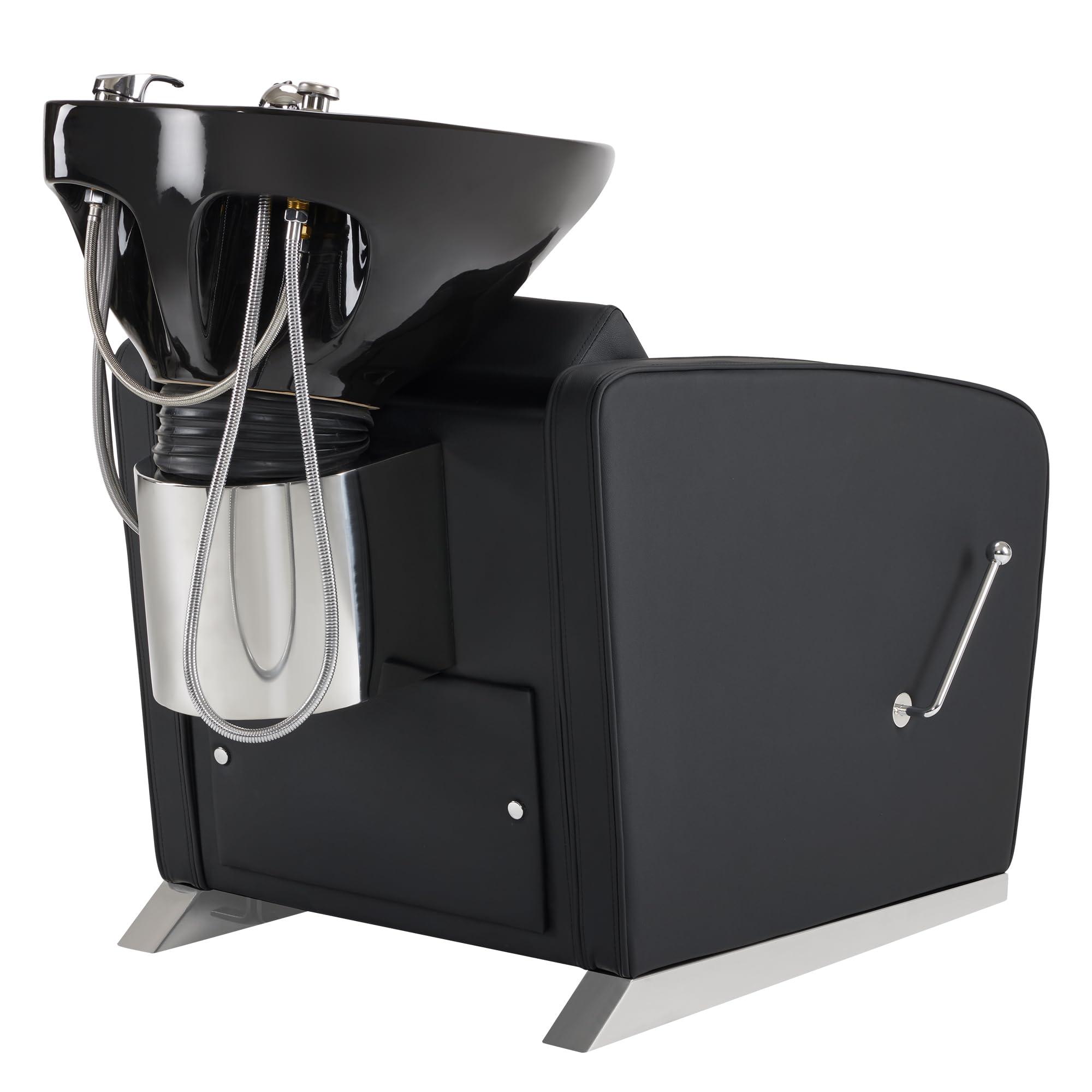 BarberPub BarberPub Backwash Shampoo Station Chair, Adjustable Porcelain Ceramic Hair Wash Bowl Sink Unit Station, Reclining Shampoo Station Chair for Spa Beauty Salon Hair Salon Equipment 9303 (Black)