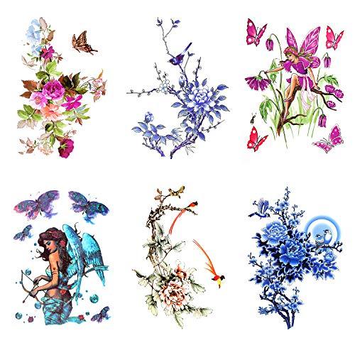 BETTERLINE Temporary Tattoos for Women and Girls - Flowers, Roses, Butterflies - Waterproof Fake Tattoos - Halloween Costume Cosplay (6 Large Floral Tattoos A - 6 Sheets)